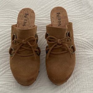 Korks Tan Suede Clogs with Lace Detail 10 M.  Never worn outside.
